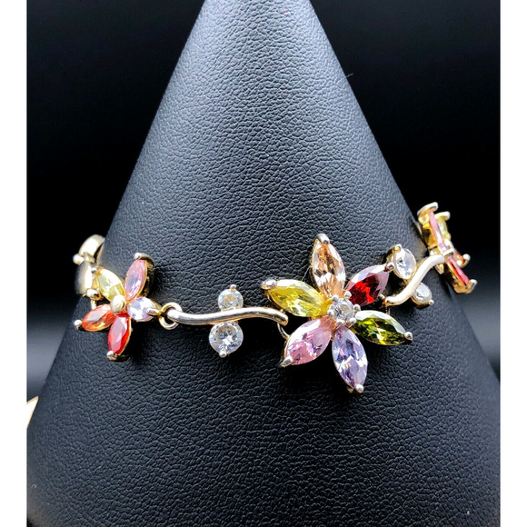 Estate Jewelry - Multi Color Crystal Bracelet 6.5 inch Rhinestone Flower Link Leaf Vine Gold Tone